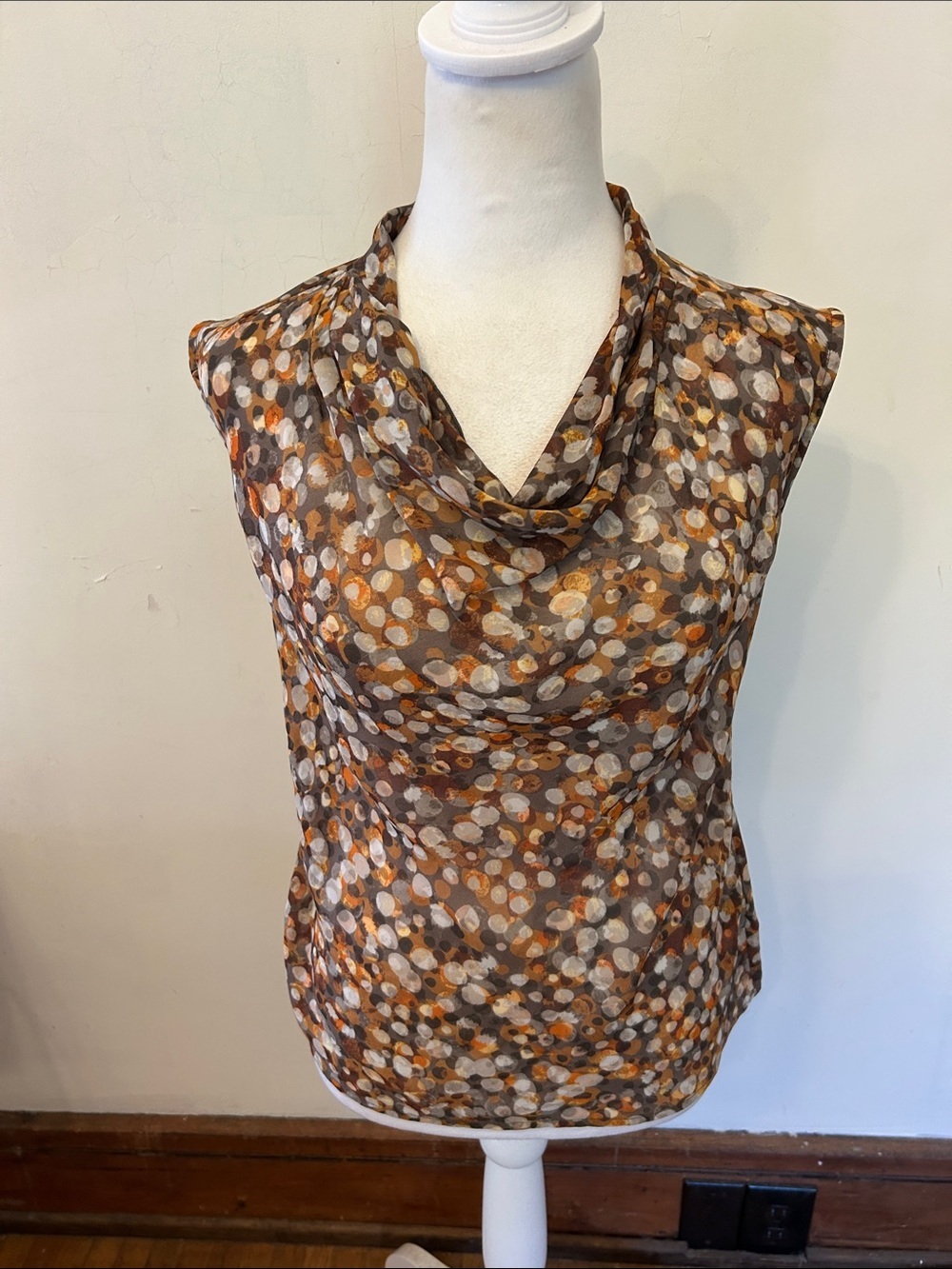 Nic &ZoeSleeveless Cowl Neck Dot Print brown sheer Blouse Size XS EUC
